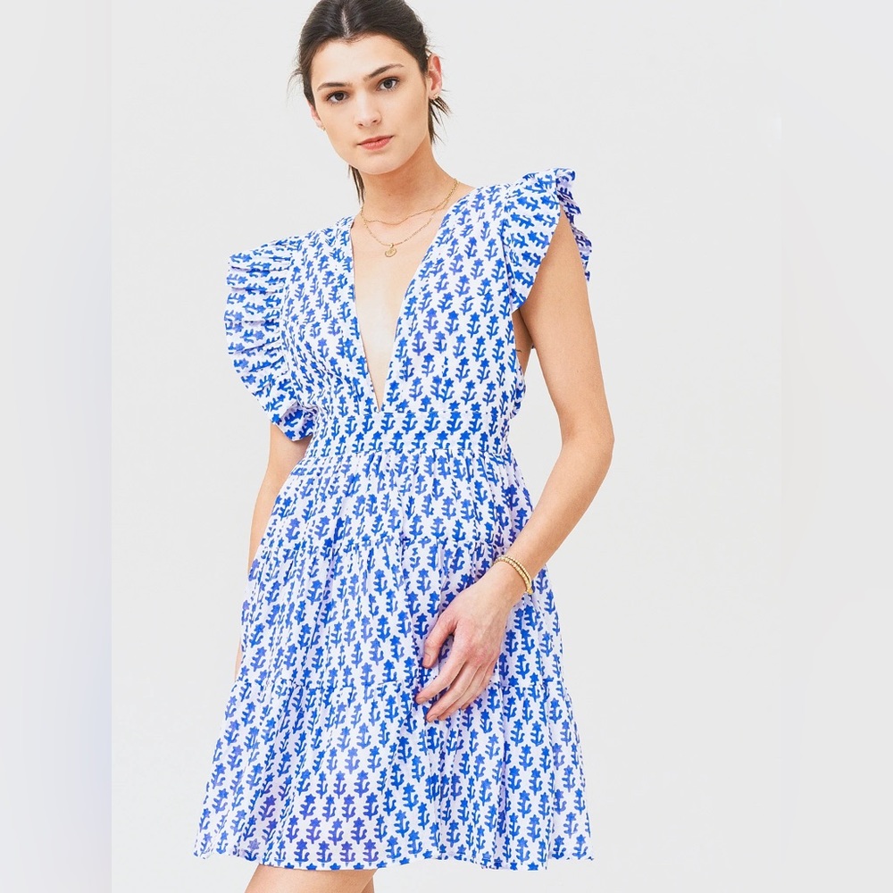 Oliphant cross-back mini dress in Flora Blue (NWOT)